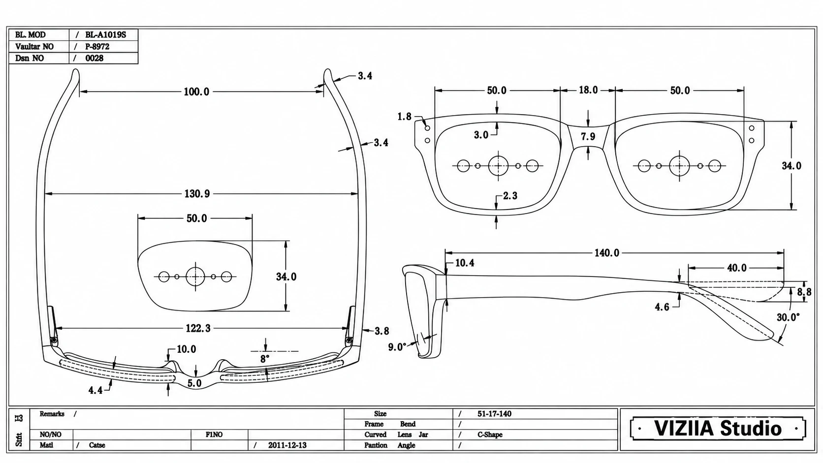 Technical eyewear drawing with front, side and top views and frame dimensions